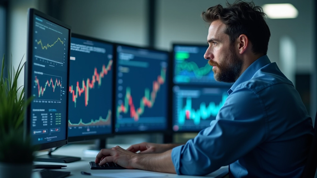 Finanzanalyst bei der Arbeit mit Charts und Marktdaten auf dem Monitor