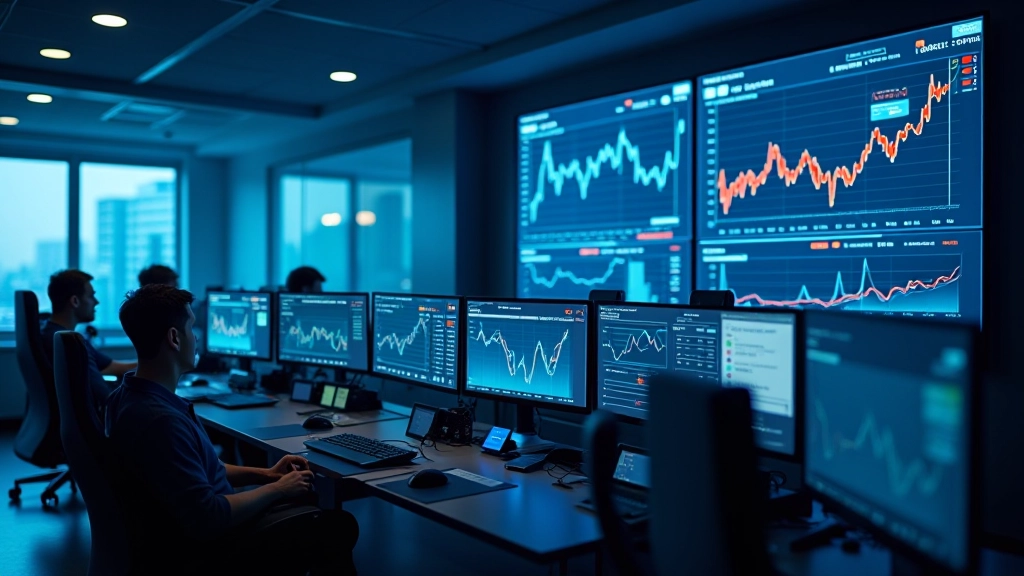 Börsendatenzentrum mit Finanzcharts auf großen Displays, moderne Technologieinfrastruktur, professionelle Marktdatenverarbeitung